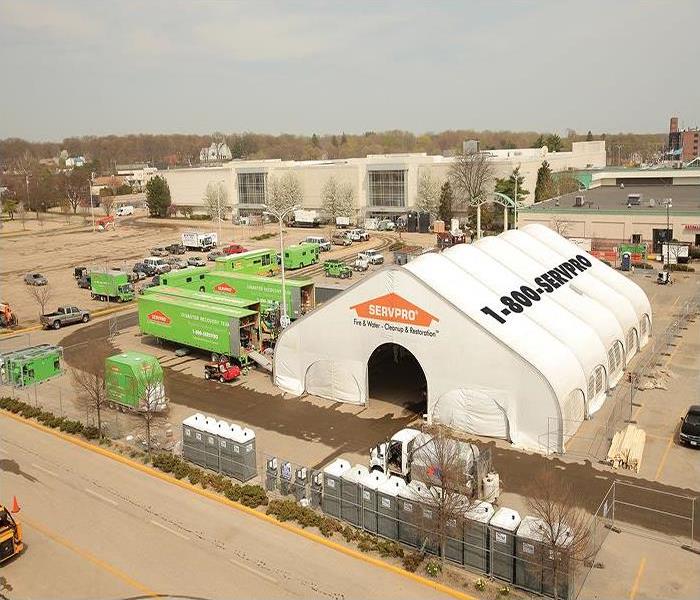 A white tent with a SERVPRO logo in the front and 1-800-SERVPRO on the side. Many SERVPRO trucks on the left.